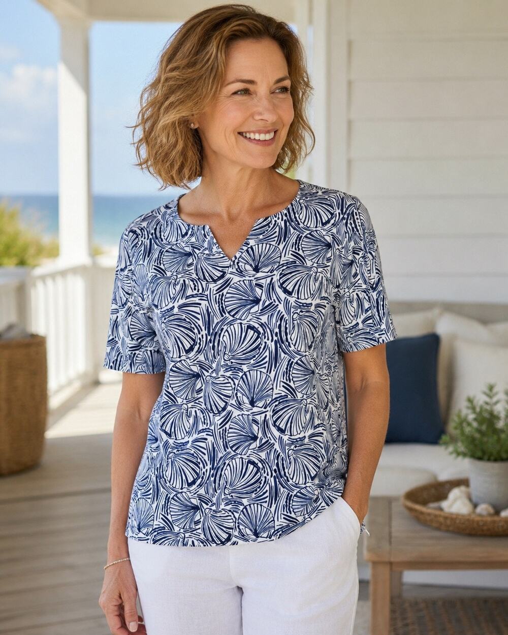 Croft & Barrow Seashell Print Coastal Cotton Top M